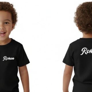 Black Round Neck Half Sleeve Kids Sizes-Only Front Pocket & Back Name
